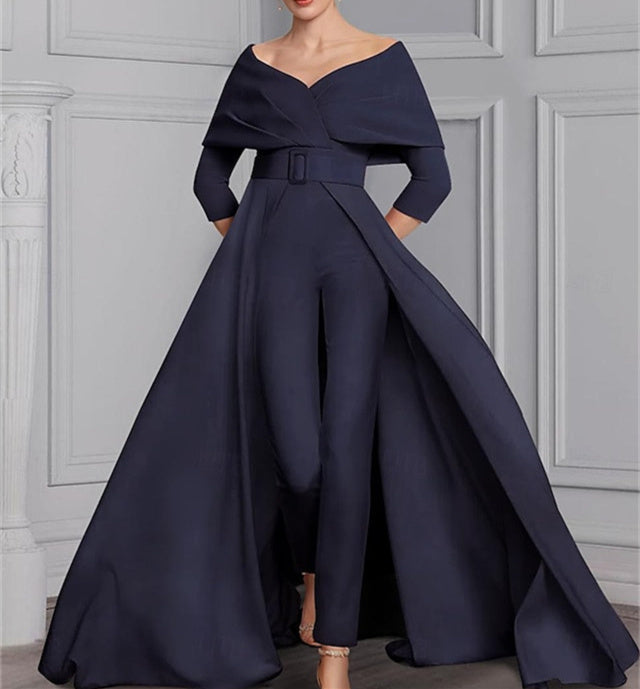 Ensemble pantalon mère de la mariée col rond, manches longues, ceinture