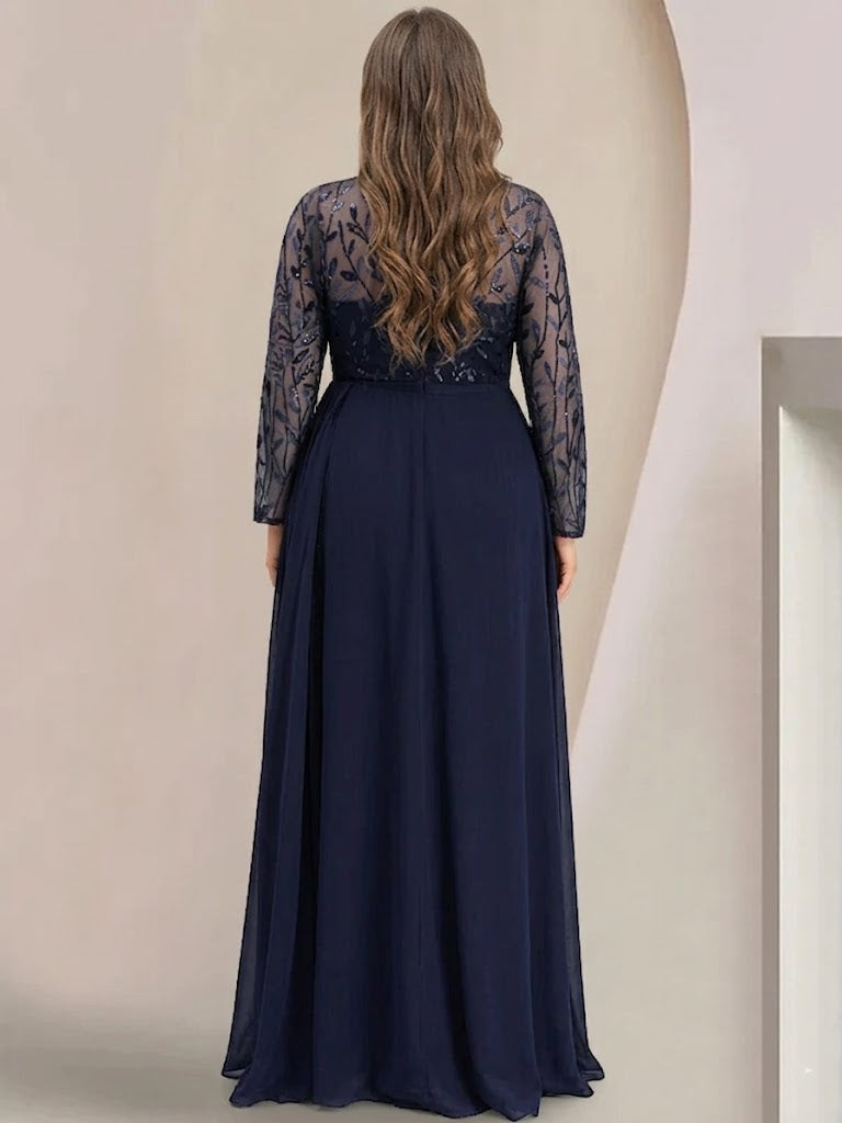 Robe de Mère de la Mariée Grande Taille, Coupe A-Line/Princess, Manches Longues, Longueur Au Sol, avec Fentes Latérales, Volants et Paillettes