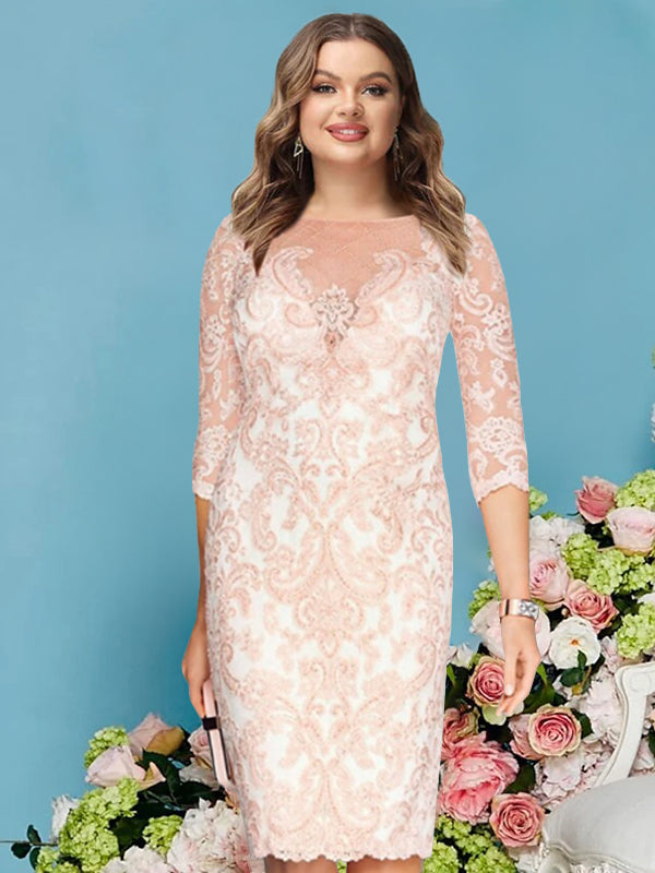 Gaine/Colonne Scoop Manches Longues Longueur Genou  Plus Taille Robes Mère de La Mariée avec Dentelle Perles Appliques