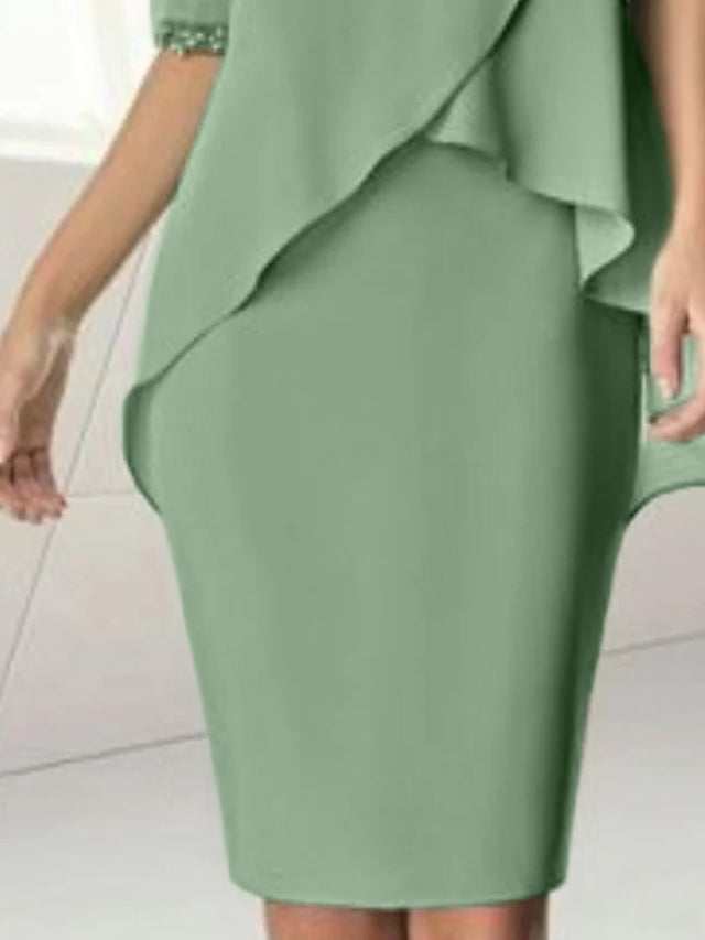 Robe de Mère de la Mariée Fourreau/Colonne à Col Bijou, Longueur Genou, Manches Mi-Longues, avec Fronces Perlées