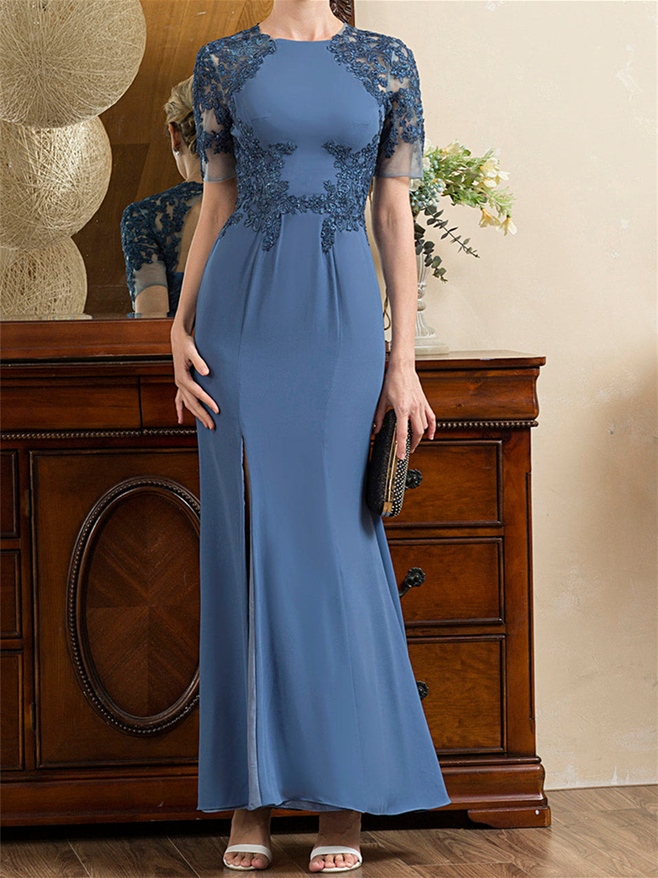 Robe de Mère de la Mariée Trompette/Sirène à Manches Courtes et Longueur Cheville avec Fente