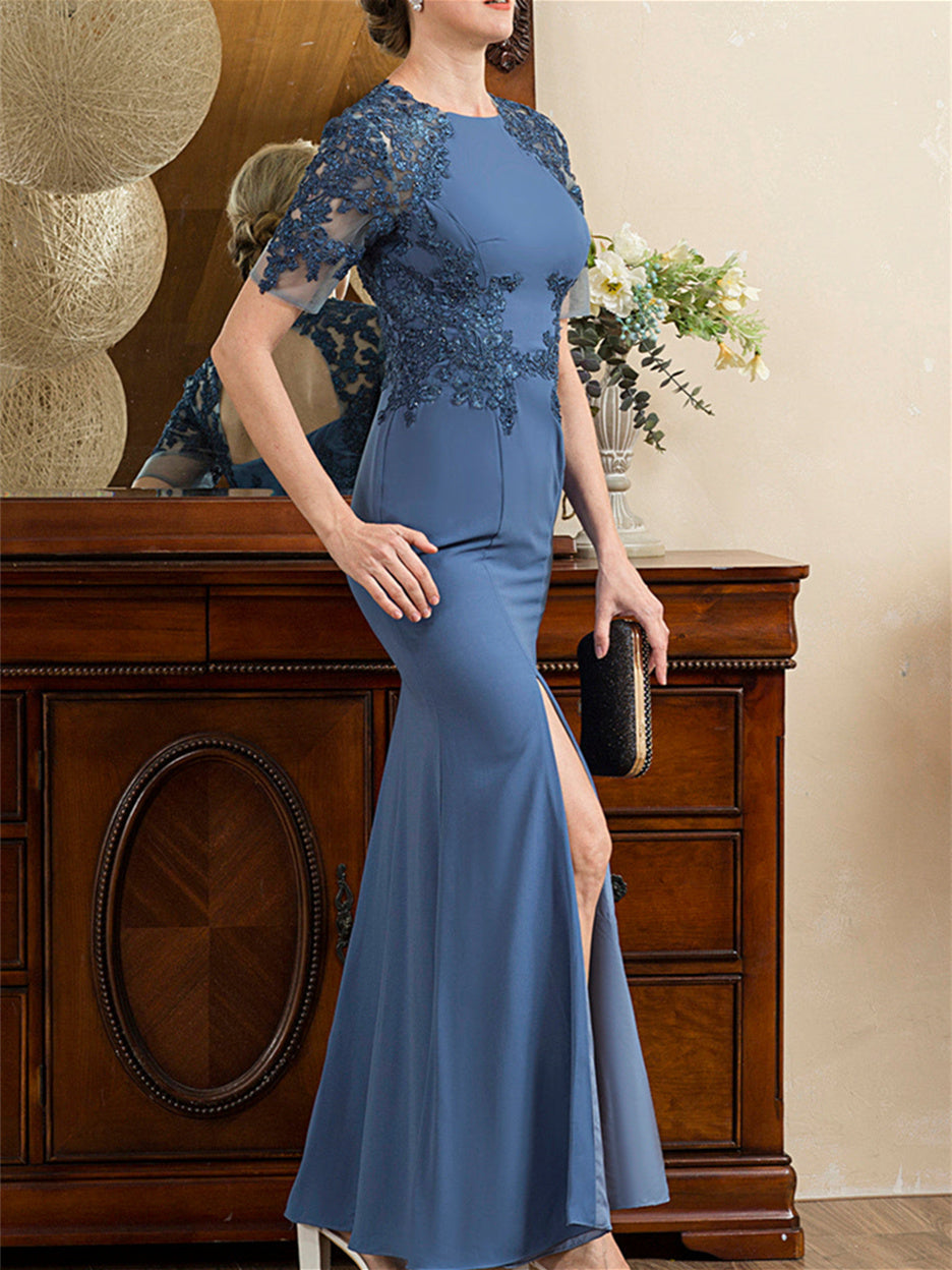 Robe de Mère de la Mariée Trompette/Sirène à Manches Courtes et Longueur Cheville avec Fente