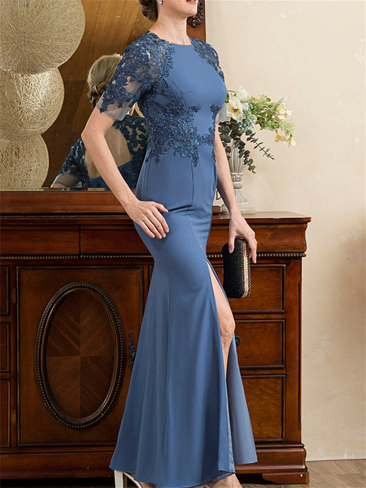 Robe de Mère de la Mariée Trompette/Sirène à Manches Courtes et Longueur Cheville avec Fente