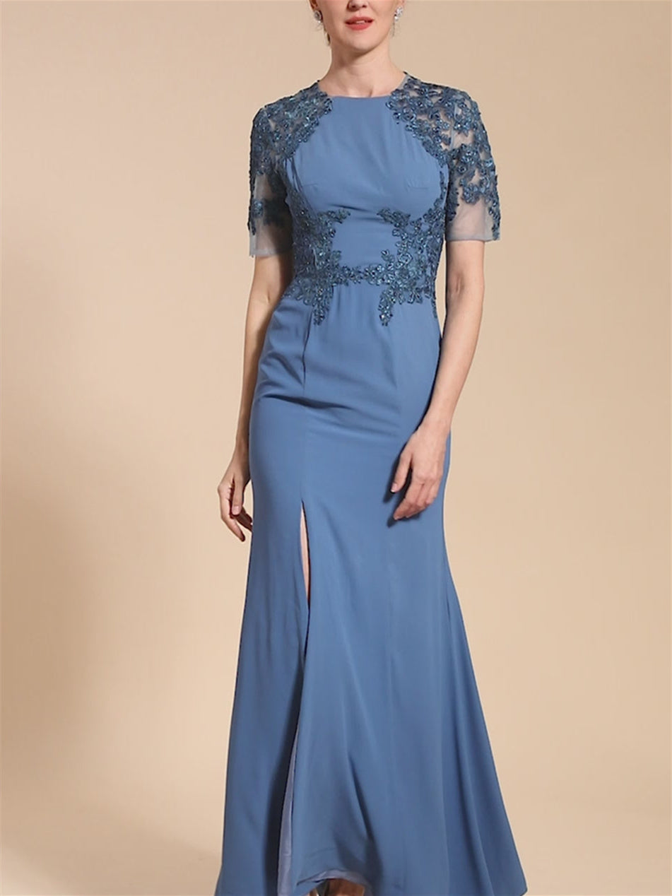 Robe de Mère de la Mariée Trompette/Sirène à Manches Courtes et Longueur Cheville avec Fente