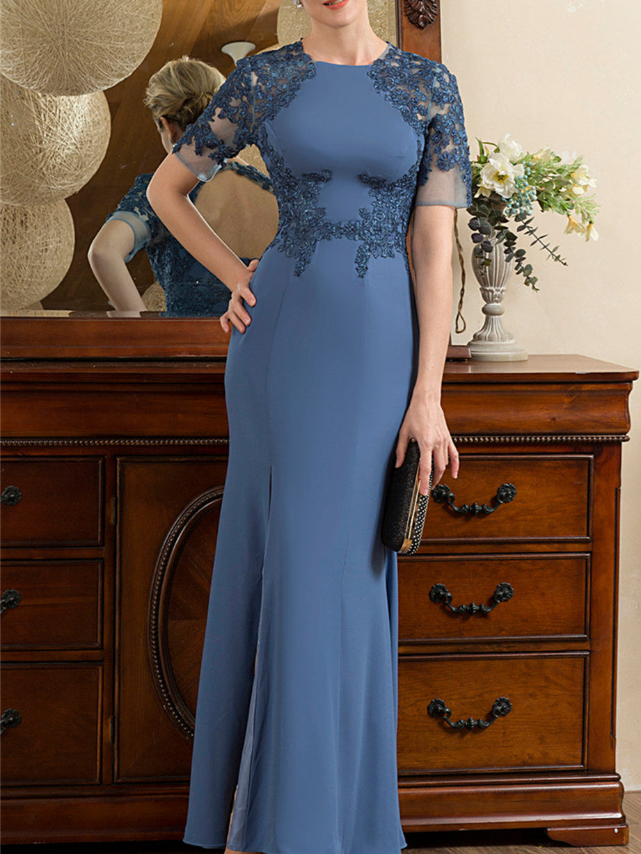 Robe de Mère de la Mariée Trompette/Sirène à Manches Courtes et Longueur Cheville avec Fente