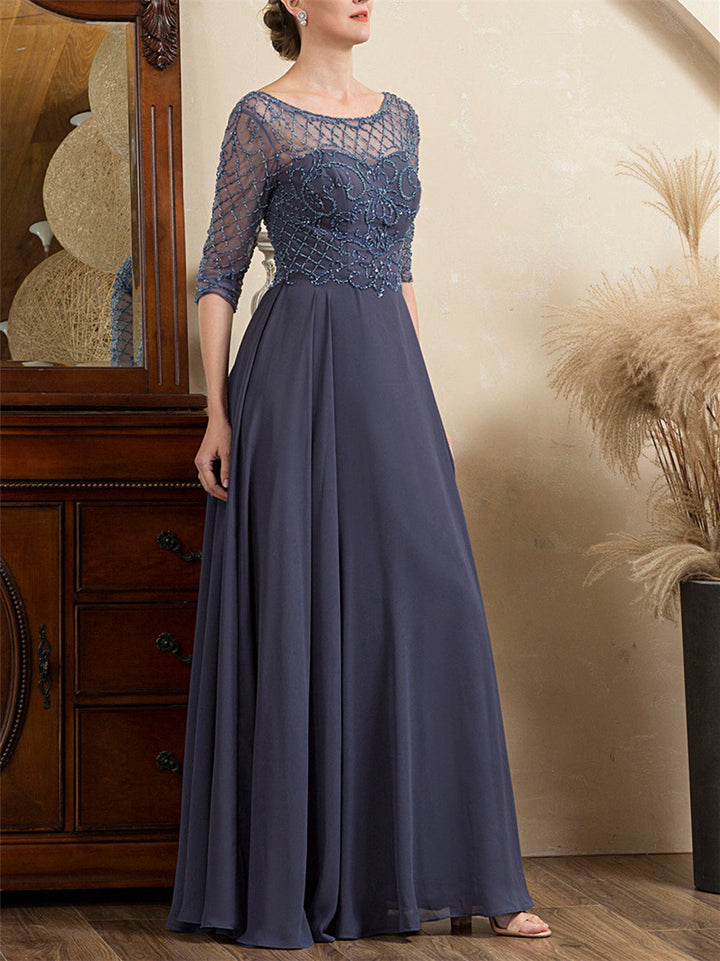 Robe de Mère de la Mariée en Tulle à Manches Courtes et Col en V avec Perles