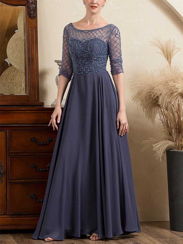 Robe de Mère de la Mariée en Tulle à Manches Courtes et Col en V avec Perles