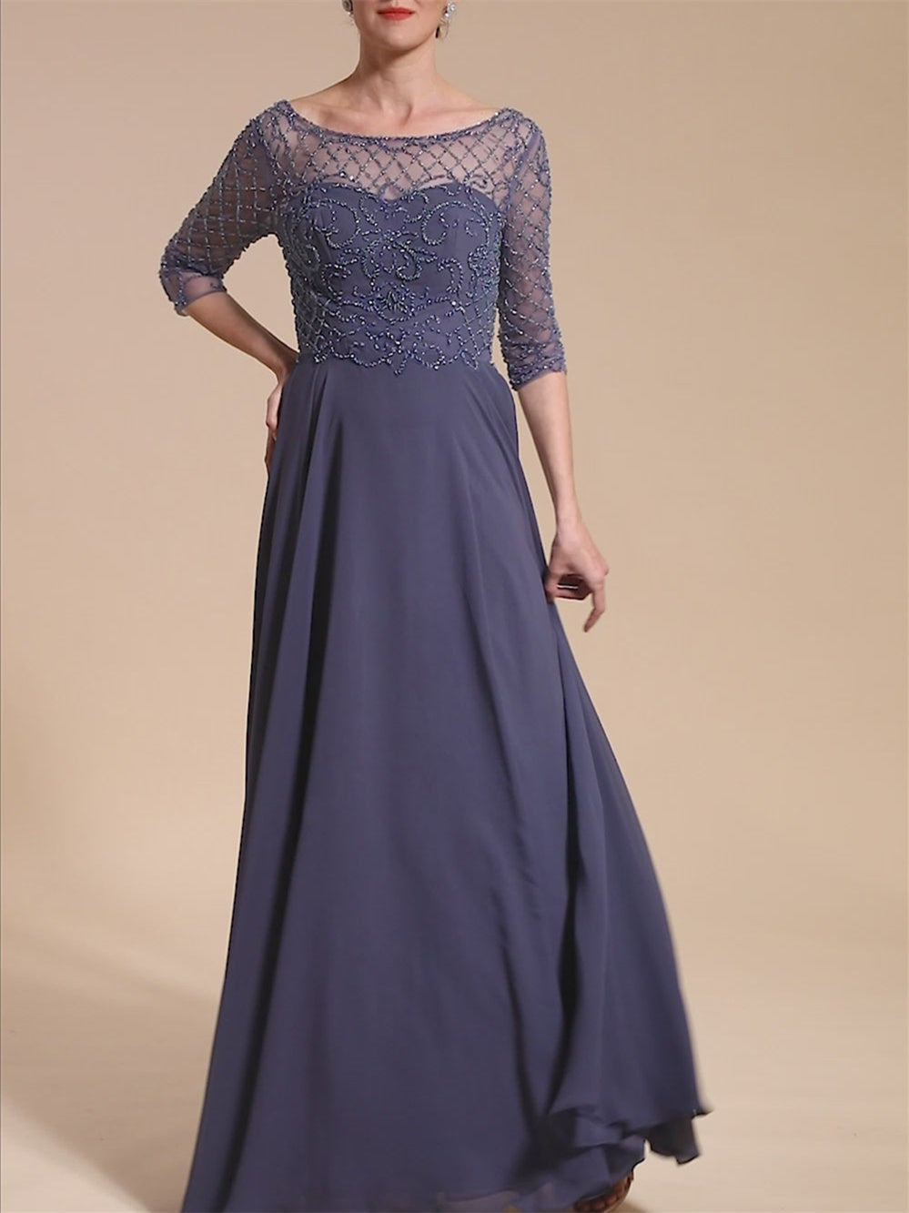 Robe de Mère de la Mariée en Tulle à Manches Courtes et Col en V avec Perles