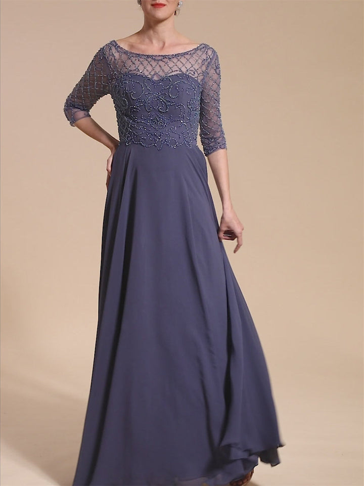 Robe de Mère de la Mariée en Tulle à Manches Courtes et Col en V avec Perles
