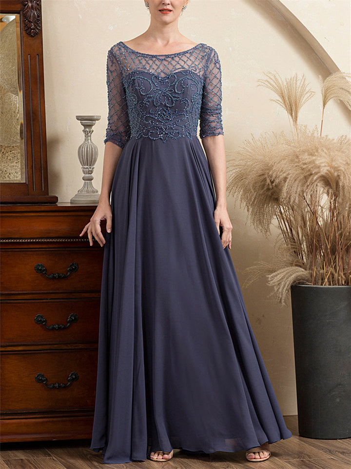 Robe de Mère de la Mariée en Tulle à Manches Courtes et Col en V avec Perles