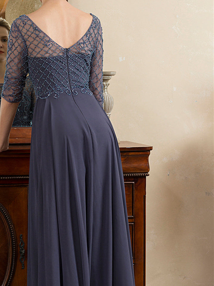 Robe de Mère de la Mariée en Tulle à Manches Courtes et Col en V avec Perles