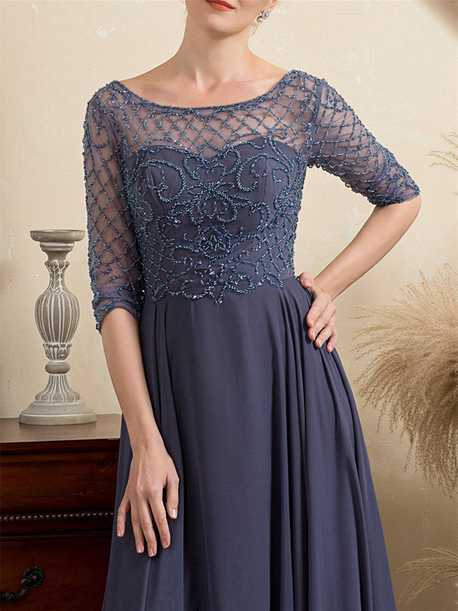 Robe de Mère de la Mariée en Tulle à Manches Courtes et Col en V avec Perles