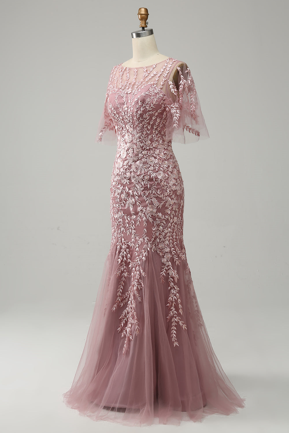 Robe de Mère de la Mariée en Forme de Trompette/Sirène à Manches Mi-Longues et à Encolure Dégagée avec Dentelle