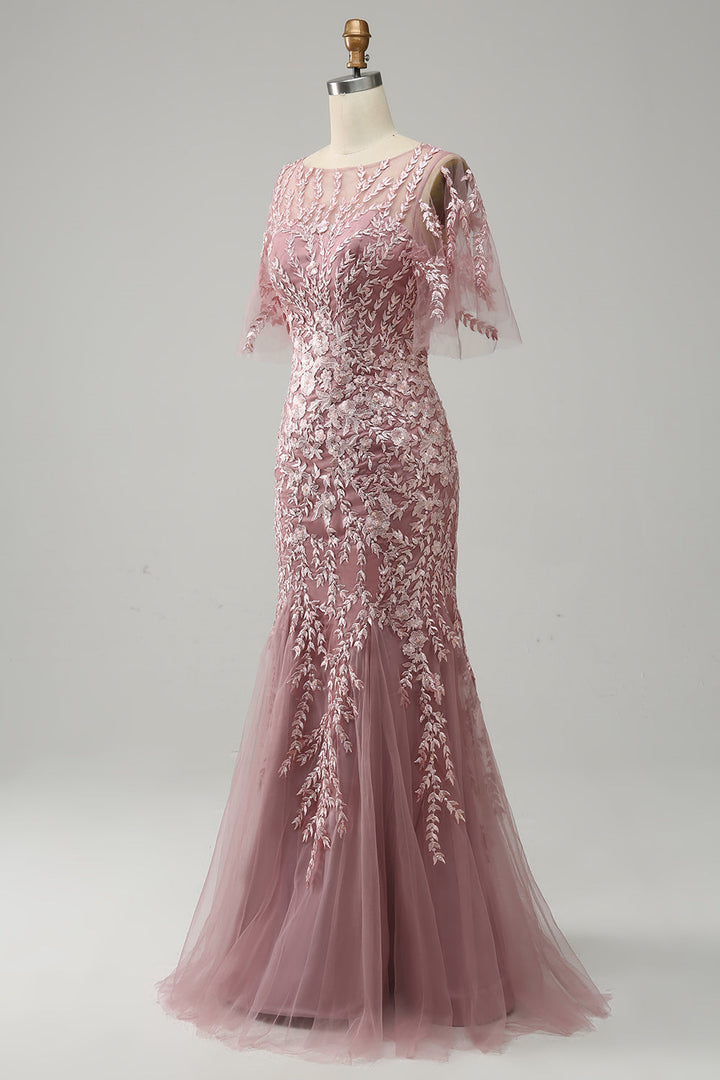 Robe de Mère de la Mariée en Forme de Trompette/Sirène à Manches Mi-Longues et à Encolure Dégagée avec Dentelle