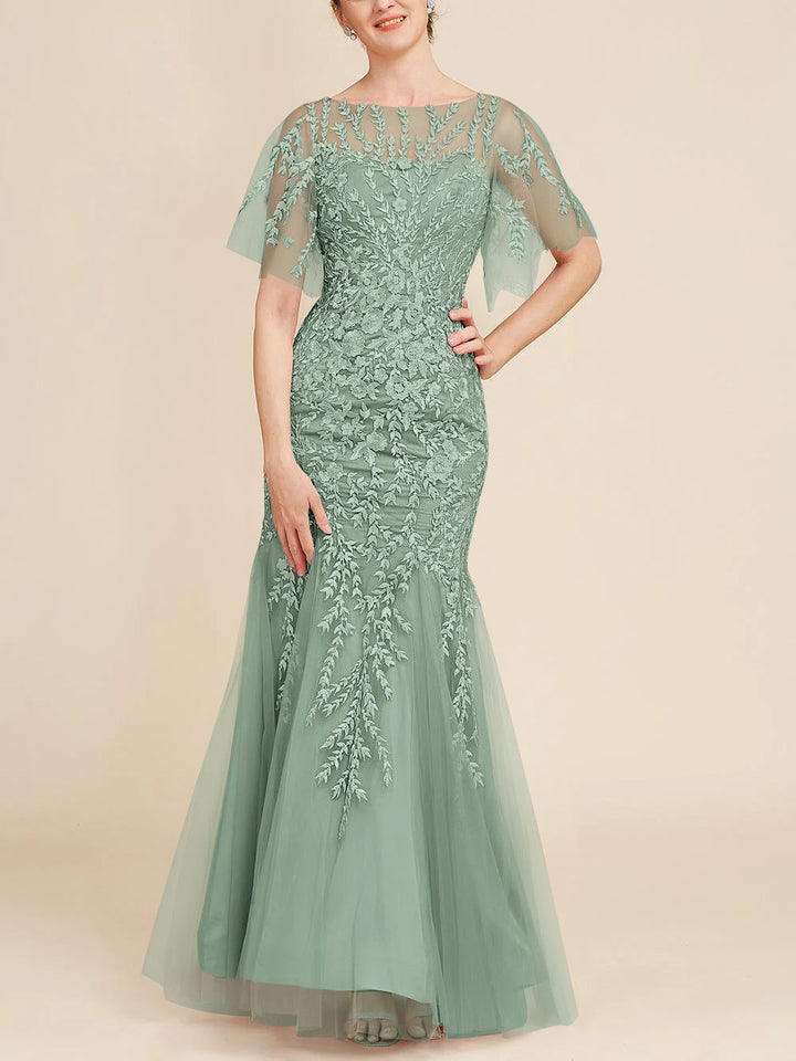 Robe de Mère de la Mariée en Forme de Trompette/Sirène à Manches Mi-Longues et à Encolure Dégagée avec Dentelle