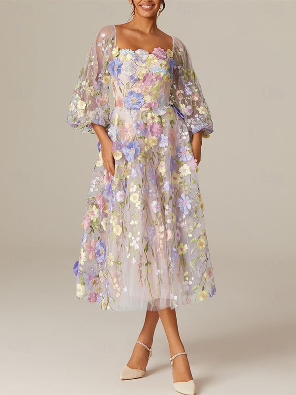 Robe de Mère de la Mariée Coupe A-Line/Princess à Manches Longues et Col Carré avec Appliques