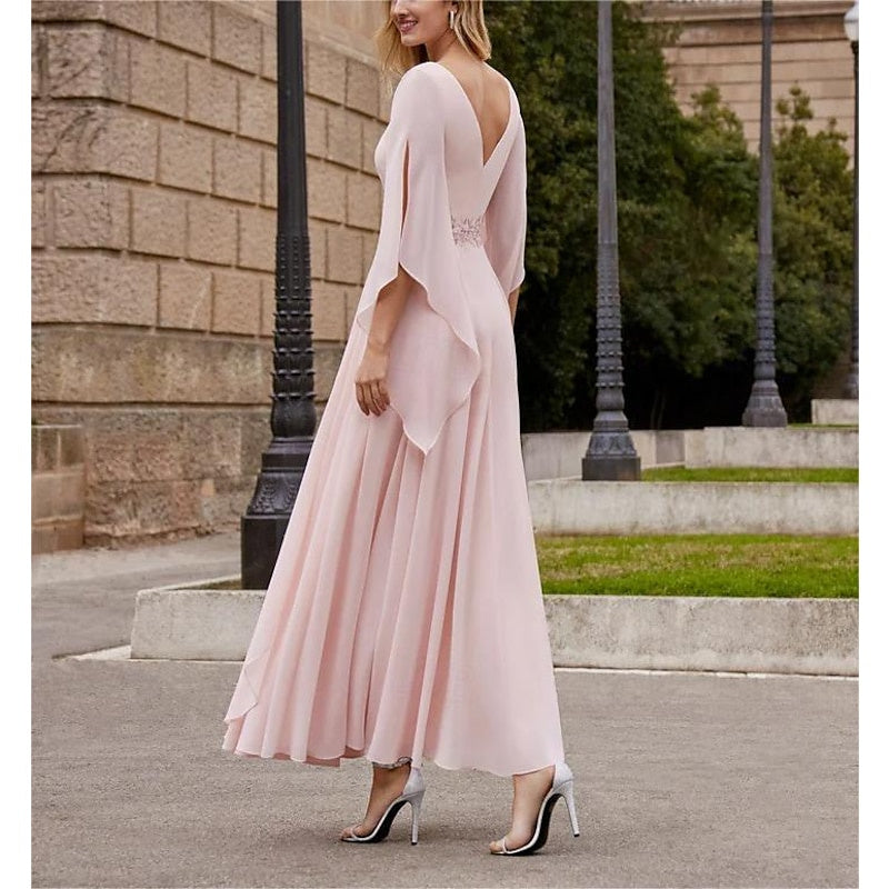 Robe de Mère de la Mariée Coupe A-Line/Princess à Col en V et Manches 3/4, Longueur Cheville, avec Paillettes