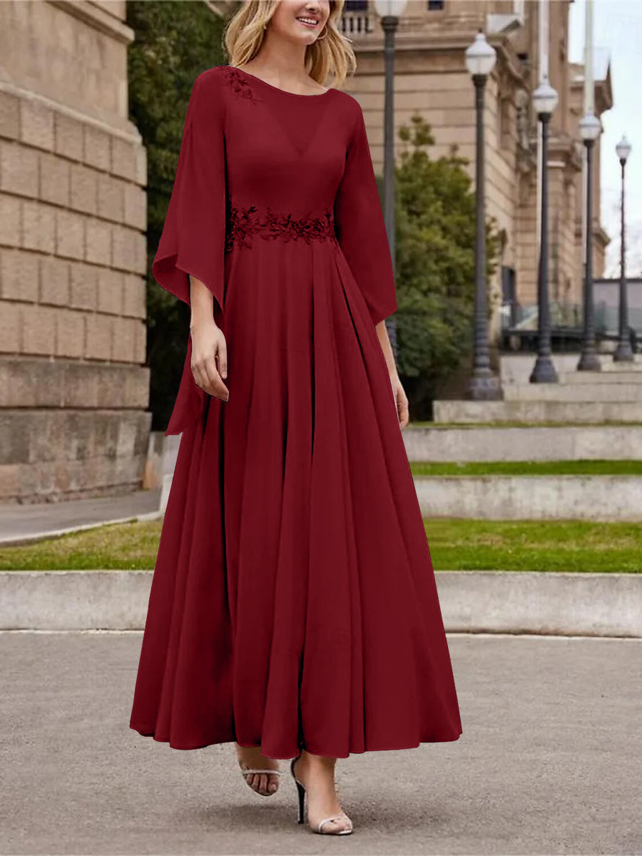 Robe de Mère de la Mariée Coupe A-Line/Princess à Col en V et Manches 3/4, Longueur Cheville, avec Paillettes