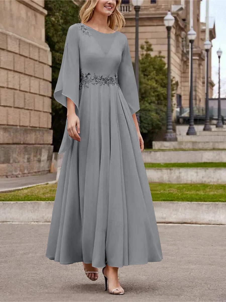 Robe de Mère de la Mariée Coupe A-Line/Princess à Col en V et Manches 3/4, Longueur Cheville, avec Paillettes
