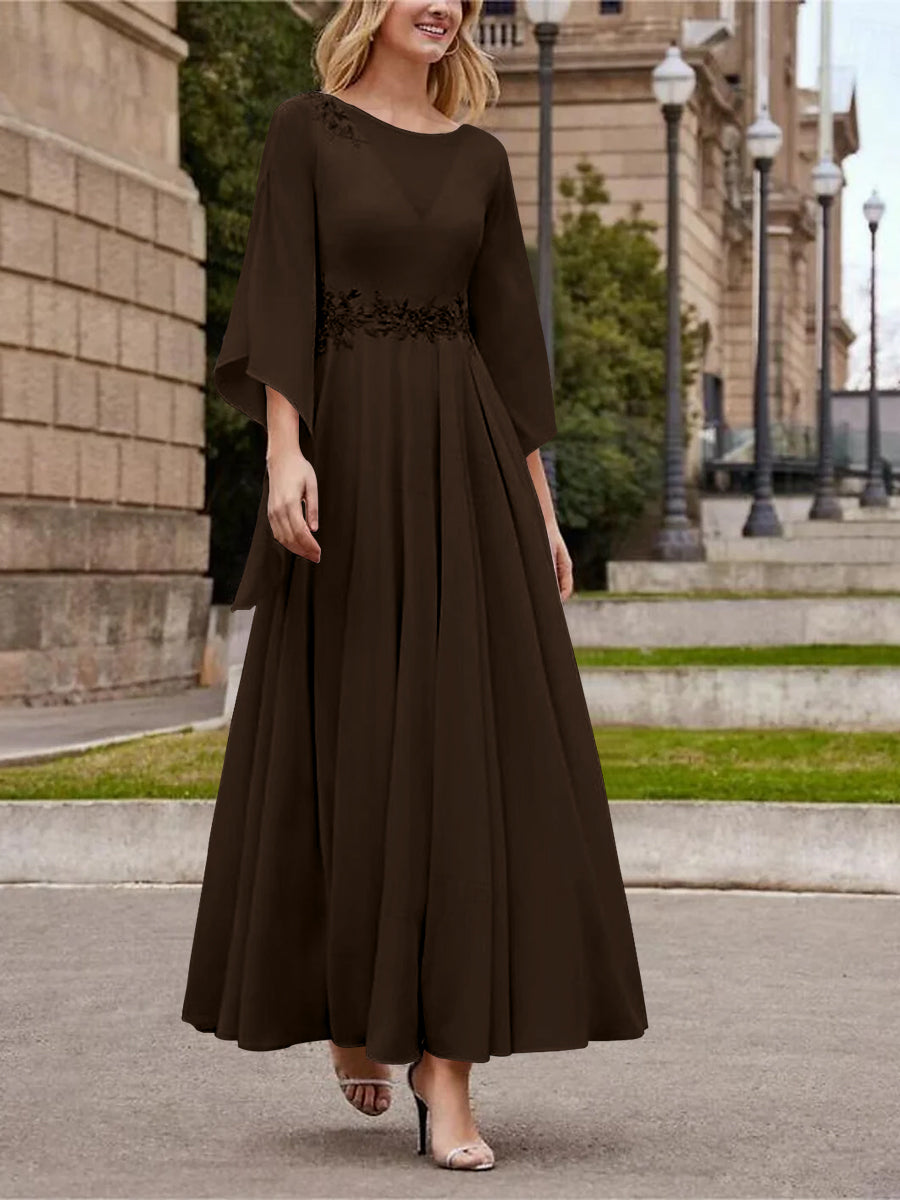 Robe de Mère de la Mariée Coupe A-Line/Princess à Col en V et Manches 3/4, Longueur Cheville, avec Paillettes