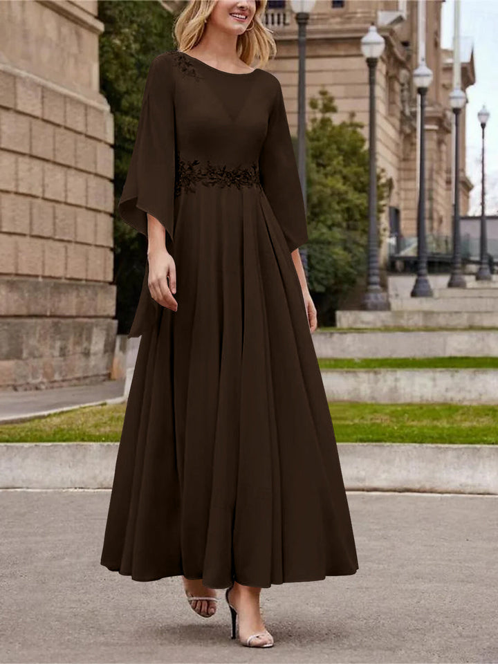 Robe de Mère de la Mariée Coupe A-Line/Princess à Col en V et Manches 3/4, Longueur Cheville, avec Paillettes