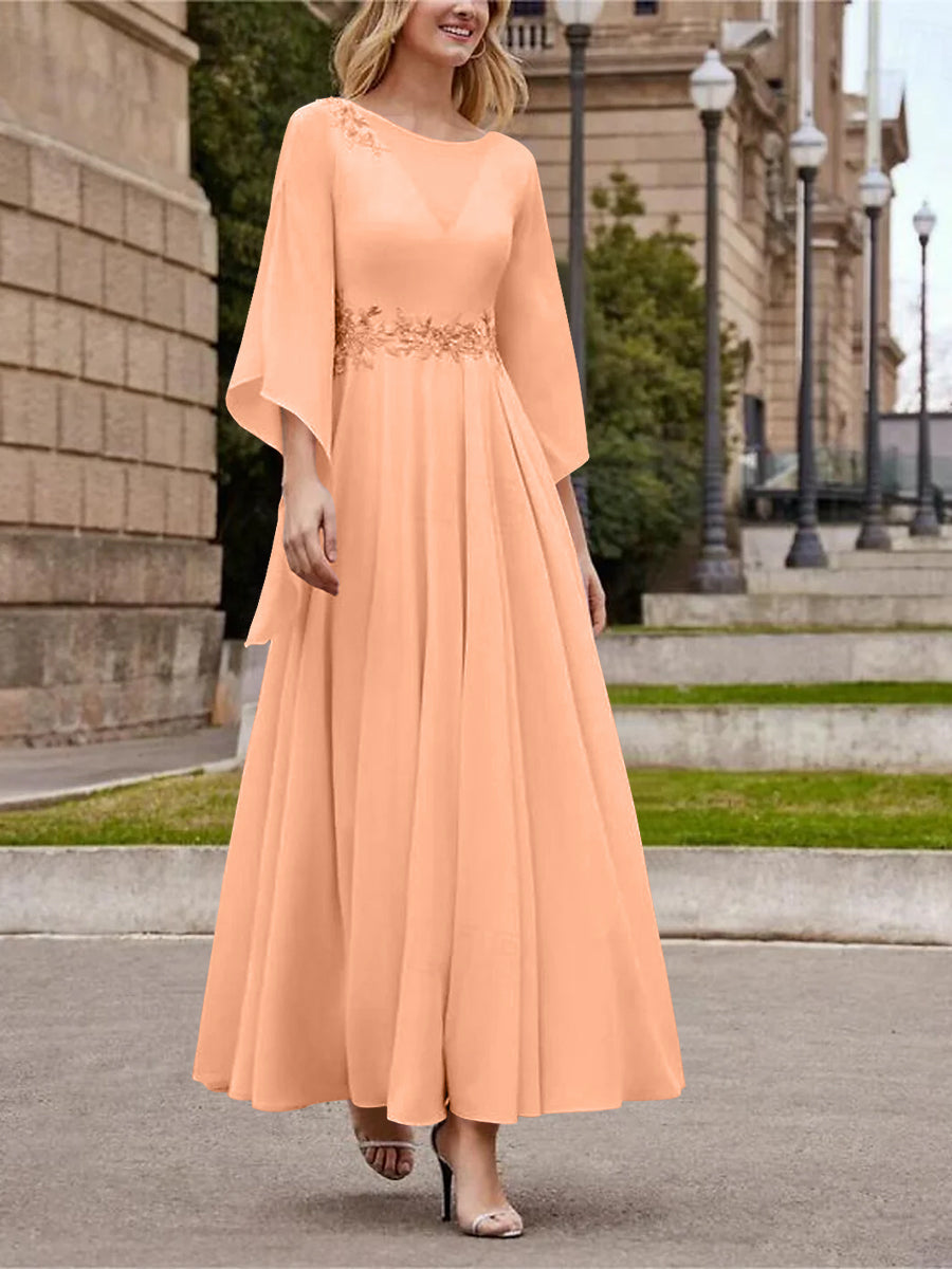 Robe de Mère de la Mariée Coupe A-Line/Princess à Col en V et Manches 3/4, Longueur Cheville, avec Paillettes