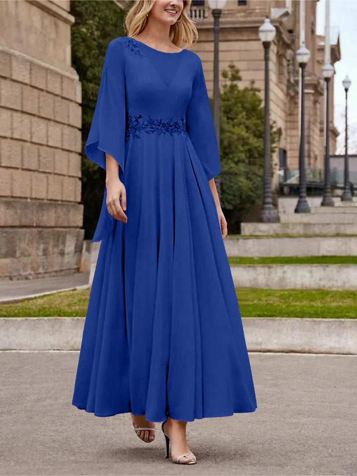 Robe de Mère de la Mariée Coupe A-Line/Princess à Col en V et Manches 3/4, Longueur Cheville, avec Paillettes