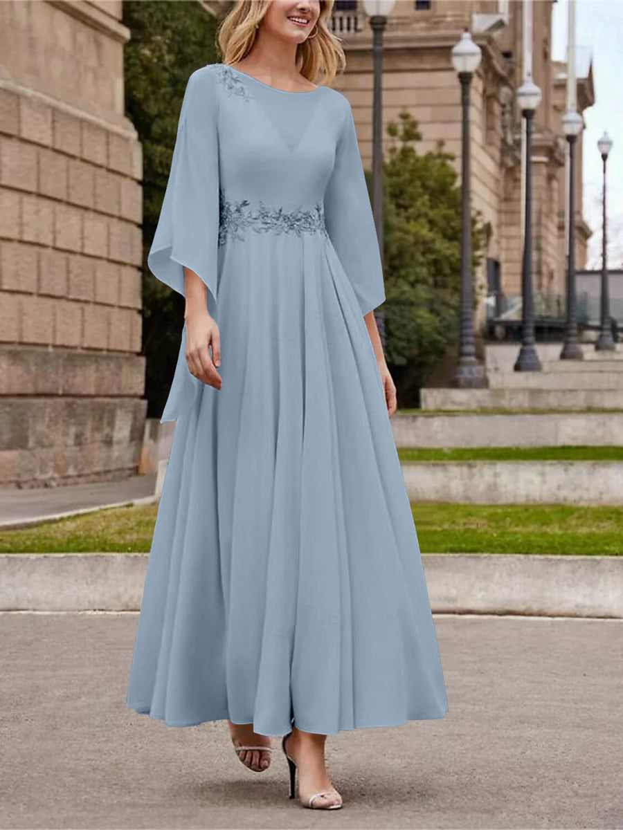 Robe de Mère de la Mariée Coupe A-Line/Princess à Col en V et Manches 3/4, Longueur Cheville, avec Paillettes