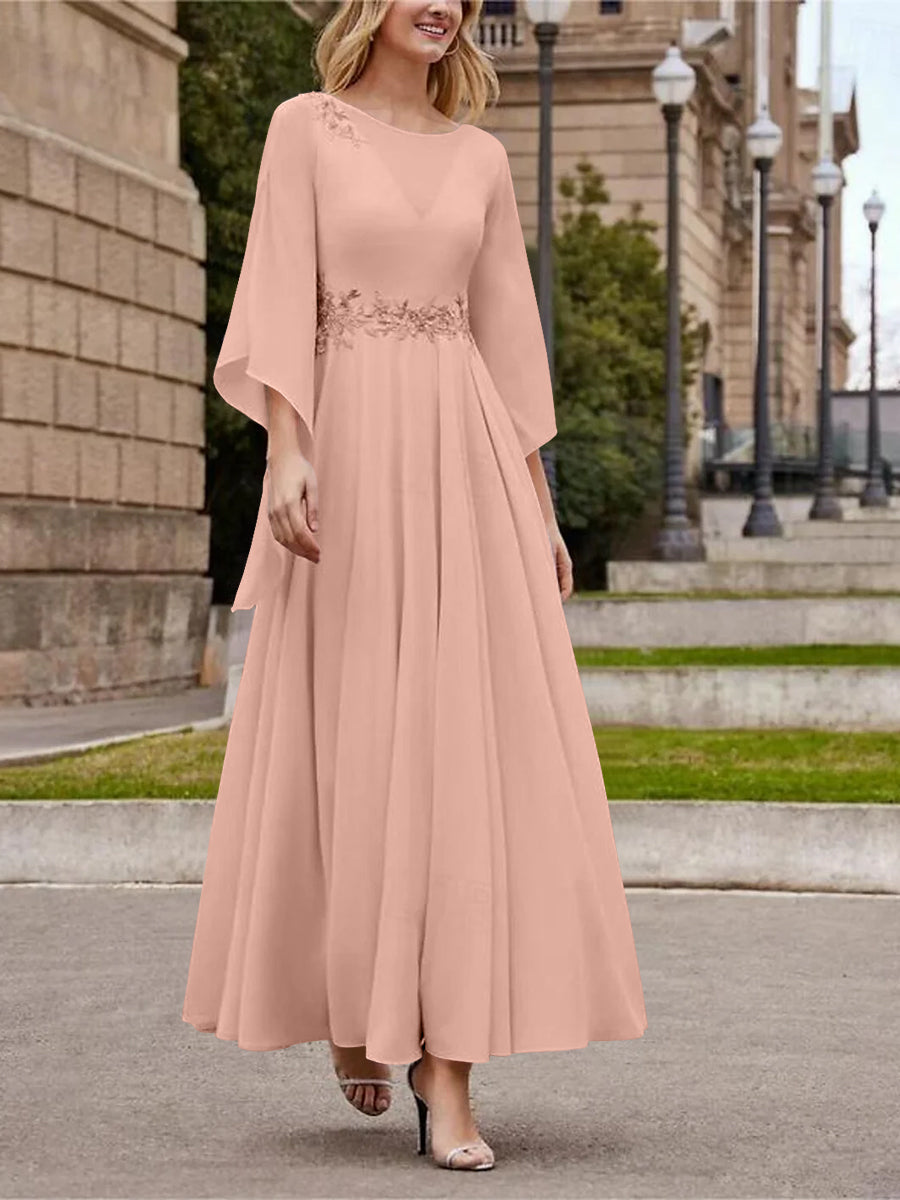 Robe de Mère de la Mariée Coupe A-Line/Princess à Col en V et Manches 3/4, Longueur Cheville, avec Paillettes