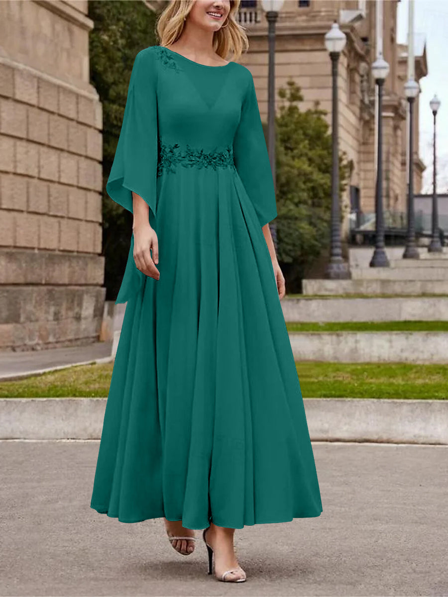 Robe de Mère de la Mariée Coupe A-Line/Princess à Col en V et Manches 3/4, Longueur Cheville, avec Paillettes