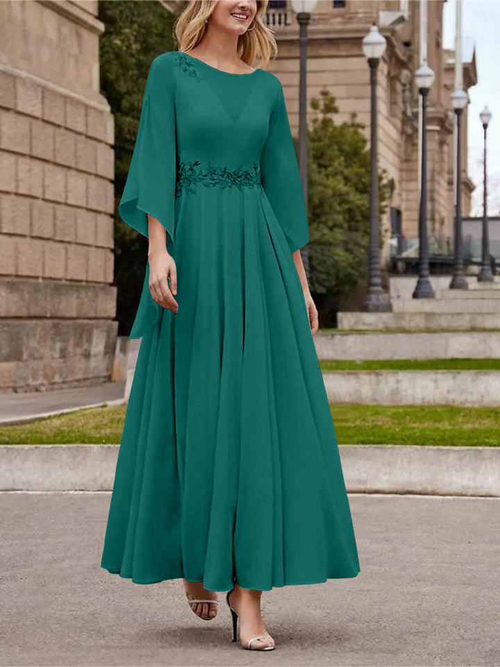 Robe de Mère de la Mariée Coupe A-Line/Princess à Col en V et Manches 3/4, Longueur Cheville, avec Paillettes