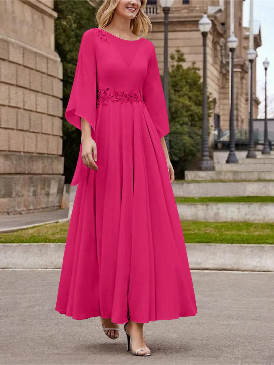 Robe de Mère de la Mariée Coupe A-Line/Princess à Col en V et Manches 3/4, Longueur Cheville, avec Paillettes