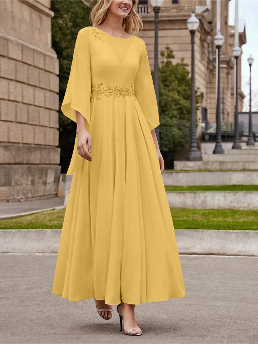 Robe de Mère de la Mariée Coupe A-Line/Princess à Col en V et Manches 3/4, Longueur Cheville, avec Paillettes