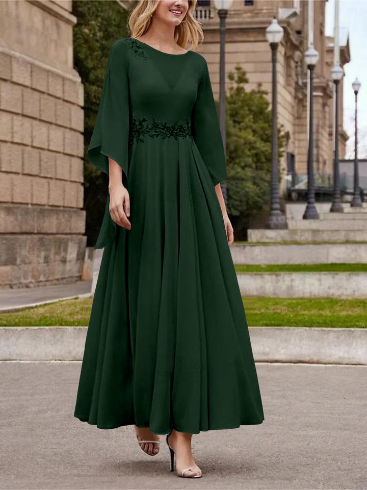 Robe de Mère de la Mariée Coupe A-Line/Princess à Col en V et Manches 3/4, Longueur Cheville, avec Paillettes