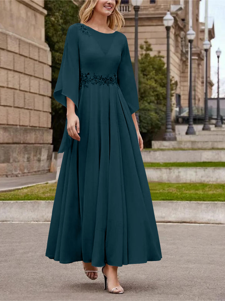 Robe de Mère de la Mariée Coupe A-Line/Princess à Col en V et Manches 3/4, Longueur Cheville, avec Paillettes