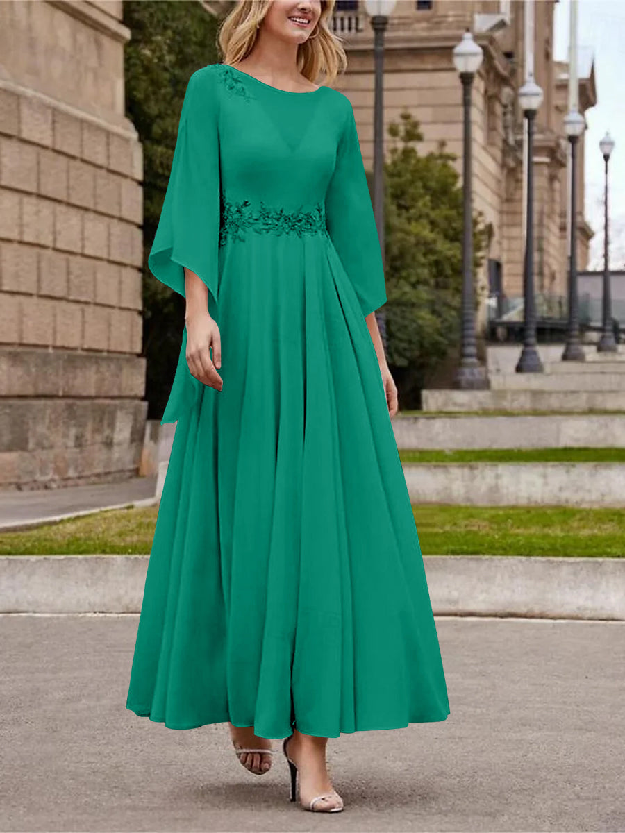 Robe de Mère de la Mariée Coupe A-Line/Princess à Col en V et Manches 3/4, Longueur Cheville, avec Paillettes