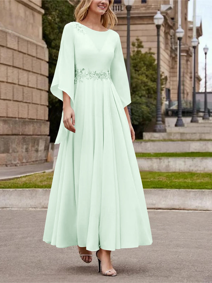 Robe de Mère de la Mariée Coupe A-Line/Princess à Col en V et Manches 3/4, Longueur Cheville, avec Paillettes