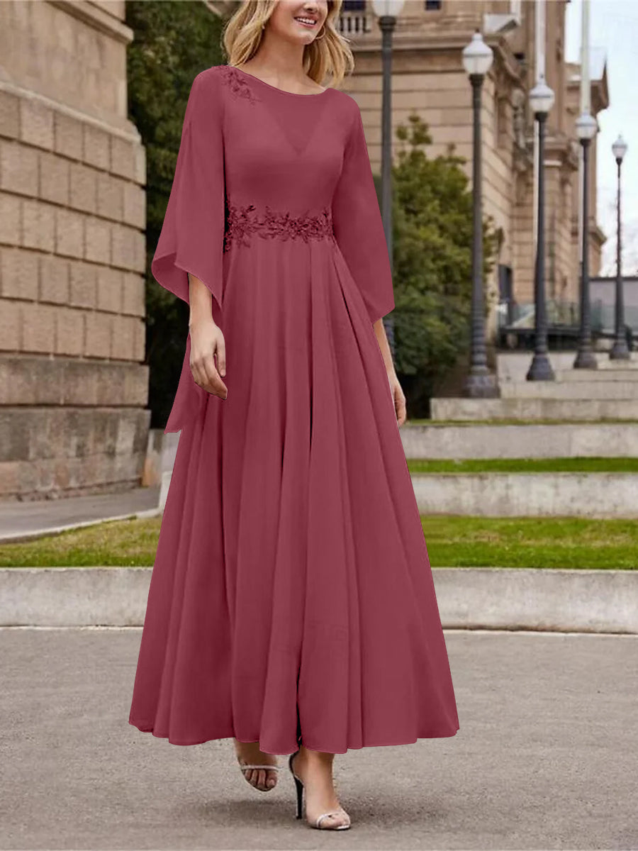 Robe de Mère de la Mariée Coupe A-Line/Princess à Col en V et Manches 3/4, Longueur Cheville, avec Paillettes