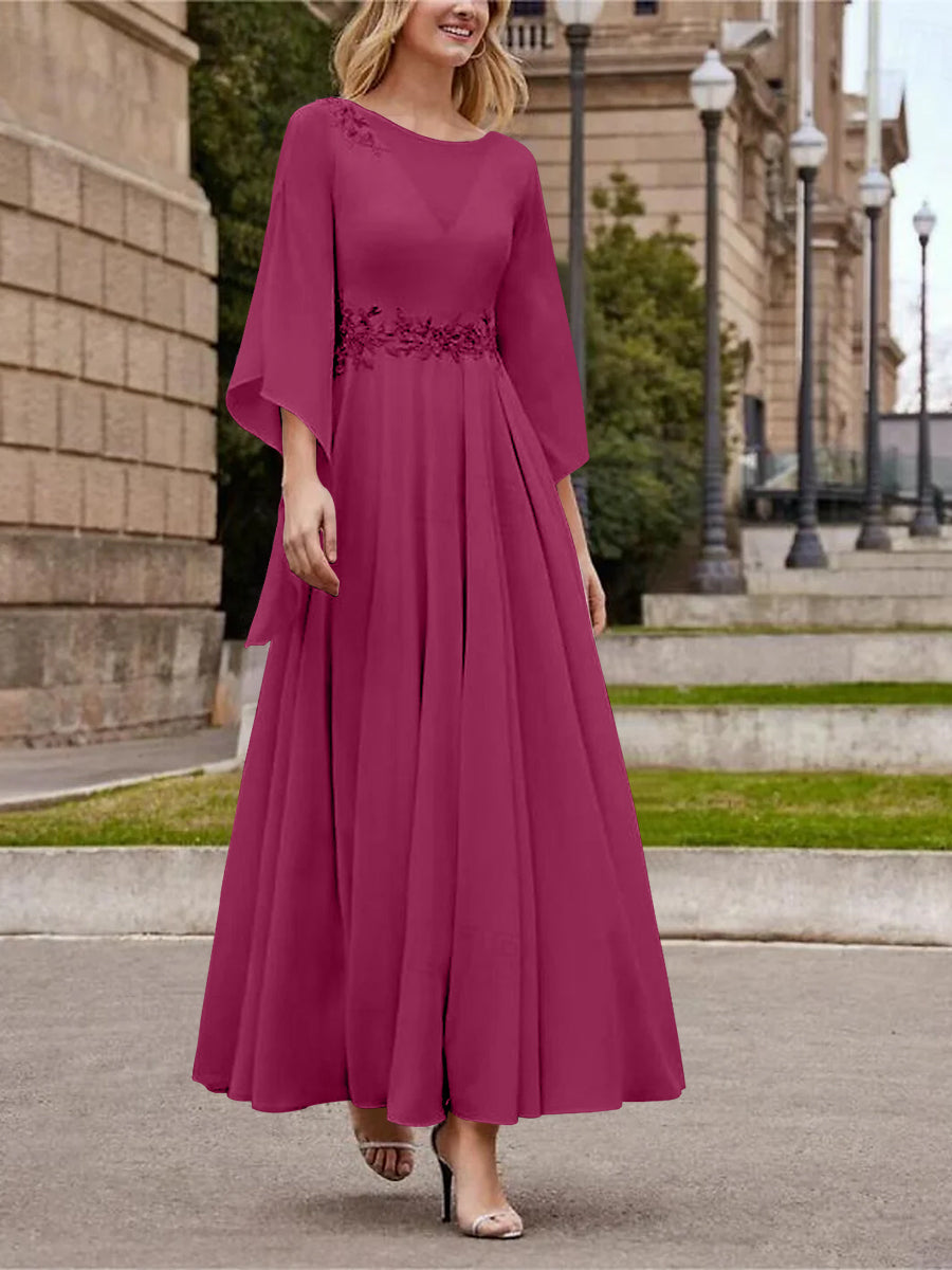 Robe de Mère de la Mariée Coupe A-Line/Princess à Col en V et Manches 3/4, Longueur Cheville, avec Paillettes