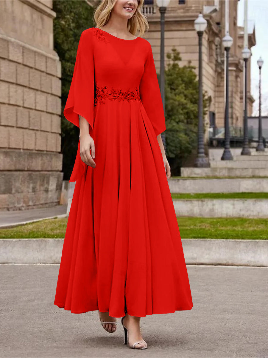 Robe de Mère de la Mariée Coupe A-Line/Princess à Col en V et Manches 3/4, Longueur Cheville, avec Paillettes