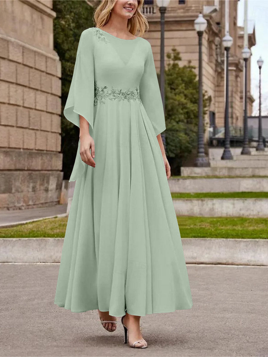 Robe de Mère de la Mariée Coupe A-Line/Princess à Col en V et Manches 3/4, Longueur Cheville, avec Paillettes