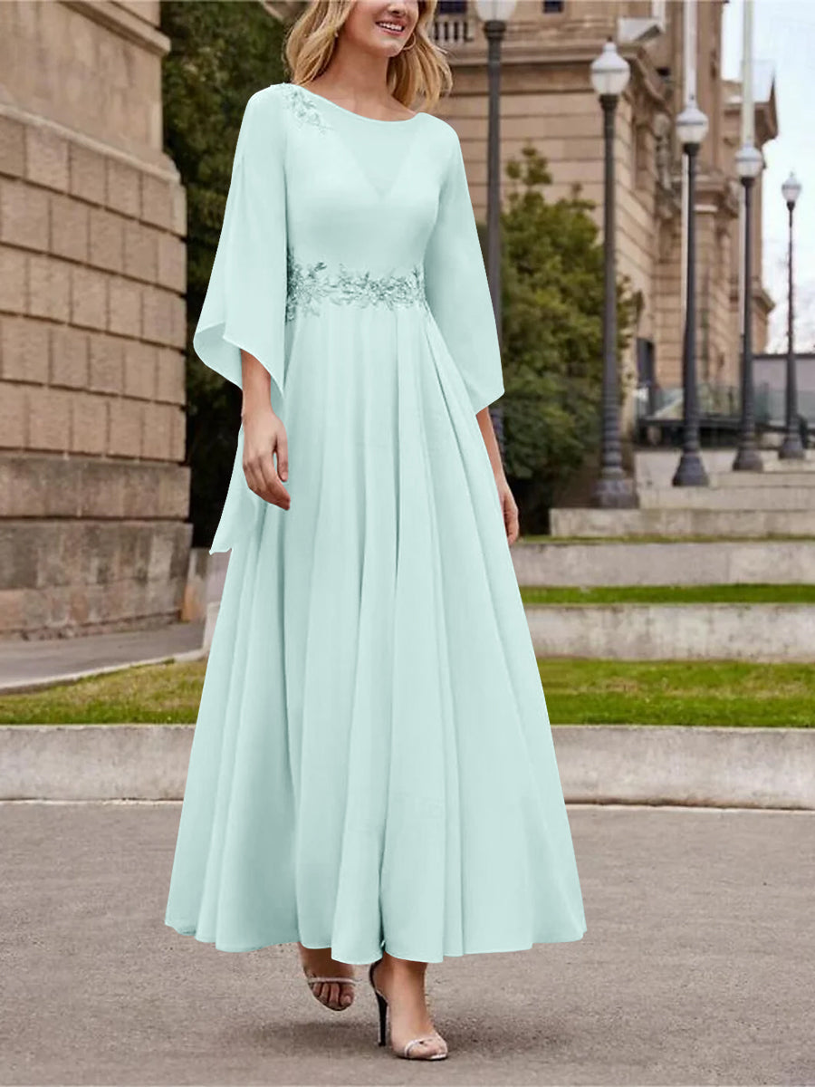 Robe de Mère de la Mariée Coupe A-Line/Princess à Col en V et Manches 3/4, Longueur Cheville, avec Paillettes