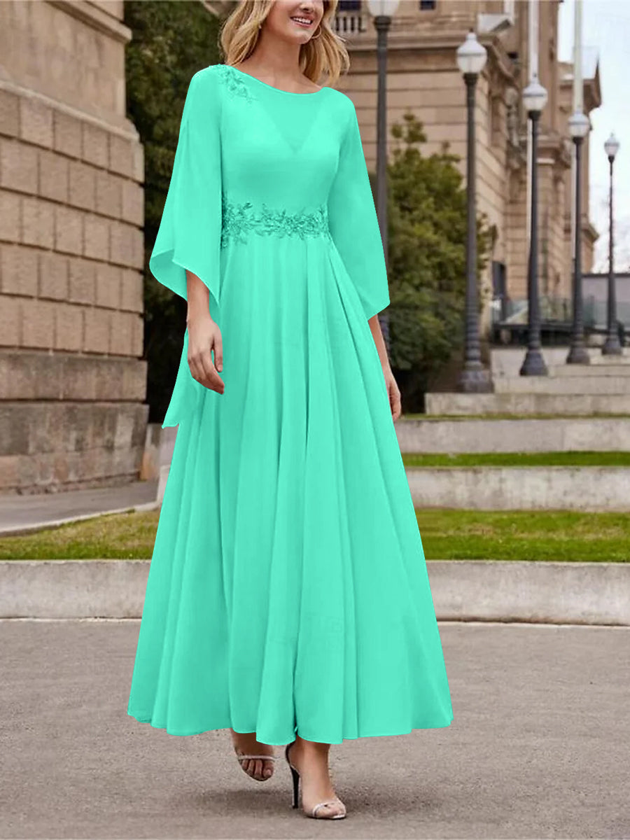 Robe de Mère de la Mariée Coupe A-Line/Princess à Col en V et Manches 3/4, Longueur Cheville, avec Paillettes