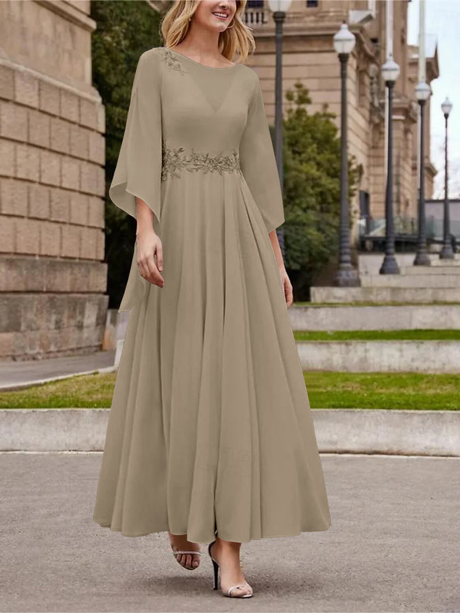 Robe de Mère de la Mariée Coupe A-Line/Princess à Col en V et Manches 3/4, Longueur Cheville, avec Paillettes