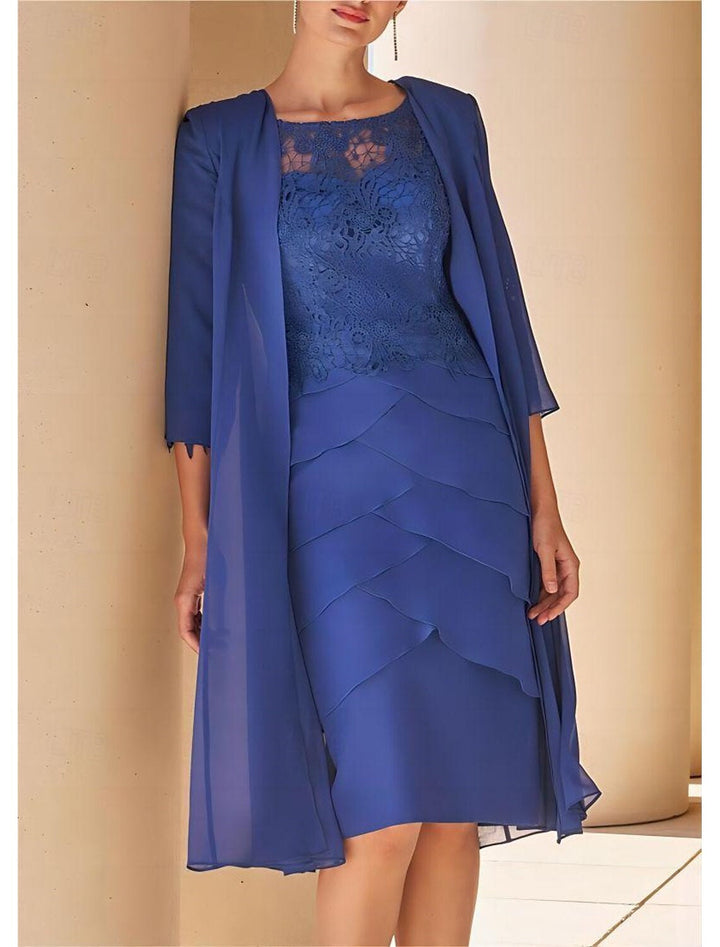 Robe de Mère de la Mariée Fourreau/Colonne à Col Bijou, Manches Courtes, Longueur Genou, avec Dentelle