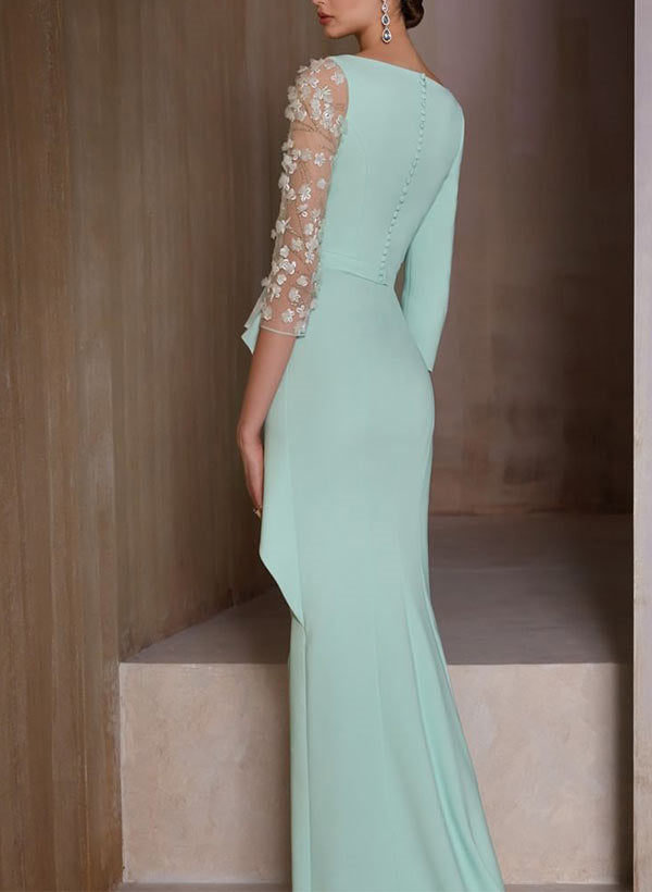 Robe de Mère de la Mariée Fourreau/Colonne à Col en V et Manches 3/4, Longueur Au Sol, avec Appliques
