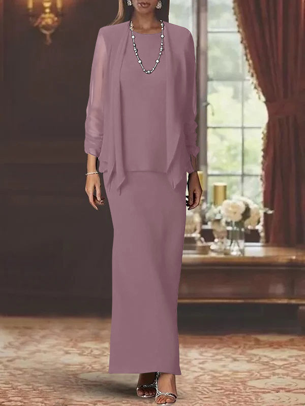Robe de Mère de la Mariée Fourreau/Colonne à Col Rond et Manches Longues, Longueur Au Sol, avec Veste