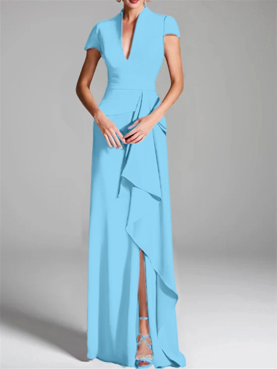 Robe de Mère de la Mariée Fourreau/Colonne à Col en V et Manches Courtes, Longueur Au Sol, avec Fente Sur le Côté
