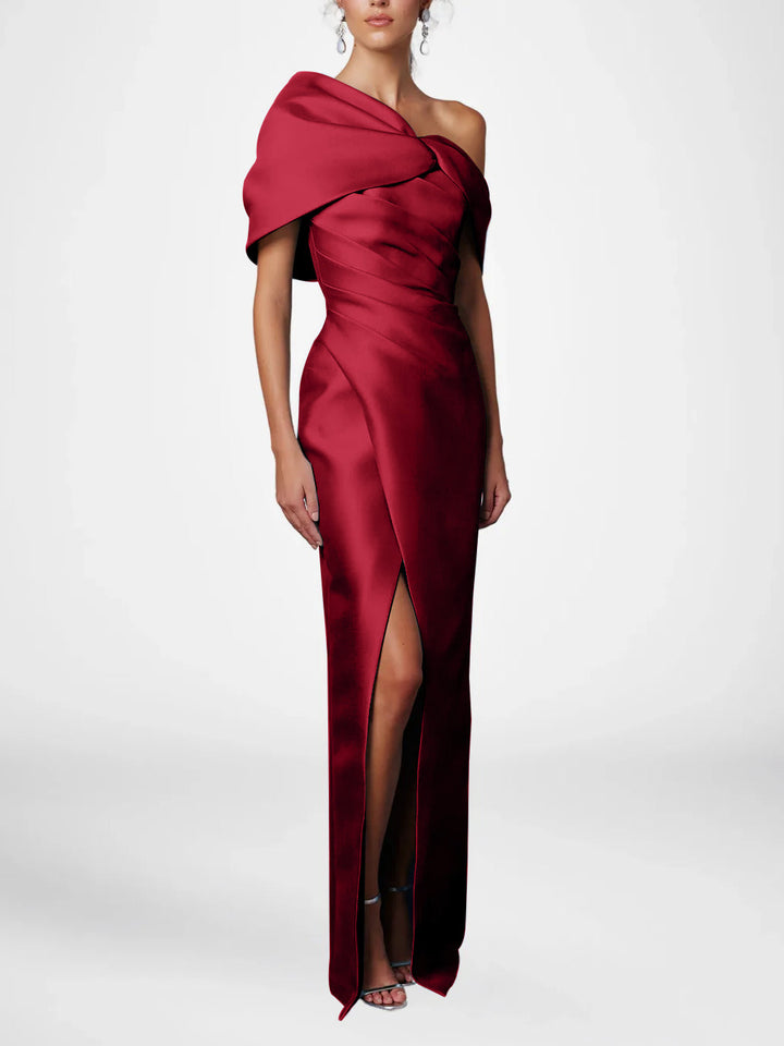 Robe de Mère de la Mariée Fourreau/Colonne à Une Épaule et Demi-Manches, Longueur Au Sol, avec Volants