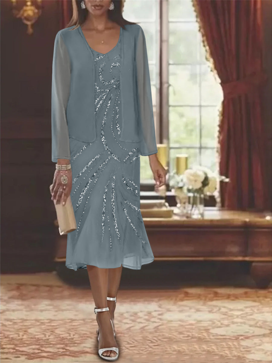 Robe de Mère de la Mariée en Mousseline 2 Pièces à Col en V et Longueur Genou avec Veste et Paillettes